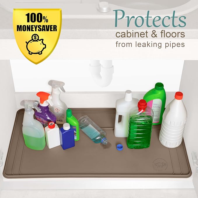 The Original Under Sink Mat - Adjustable Silicone mat, Waterproof Under The Sink Bathroom Vanity Mat - 28" x 19" or smaller