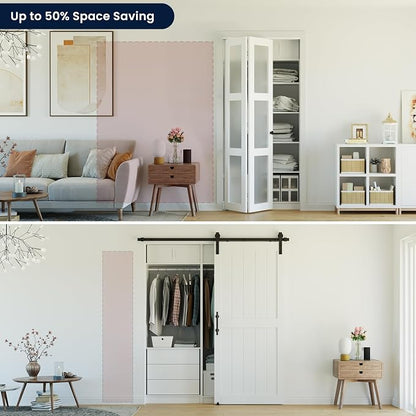 Bifold Doors for 60" x 80" Opening,3-lite Tempered Frosted Glass | Closet Folding Doors with Hardware kit Included, Easy Assembly for Pantry Closet, White,Water-Proof PVC Surface