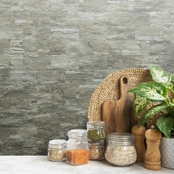 AULIGET 4-Piece Faux Stone Peel and Stick Backsplash Wall Tiles, 3" x 6" Apache Brown Rock PVC Stick on Tile for Backsplash Kitchen, Bathroom, Laundry Room, Camper, Fireplace