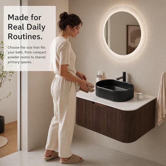 36 Inch Bathroom Vanity with Sink, Floating Wall Mounted Single Sink Vanity, Dark Walnut Curved Fluted Front, Stone Top, Black Textured Oval Vessel Basin, Pre-Assembled