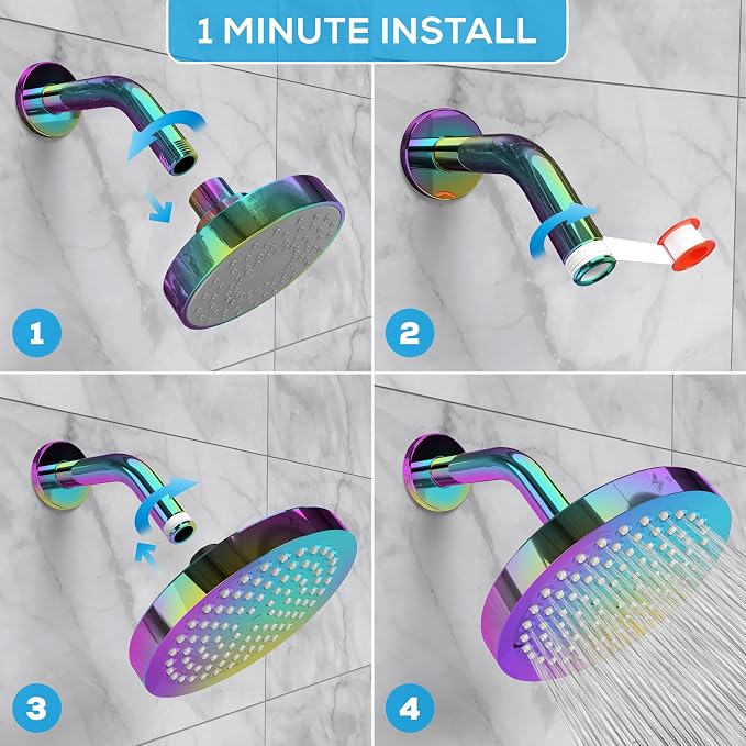 SparkPod Rain Shower Head, 6 Inch Round, Radiant Rainbow Finish | High Pressure Shower Heads, 90 Nozzles, Adjustable Showerhead, No Tools Needed, Universal Connection
