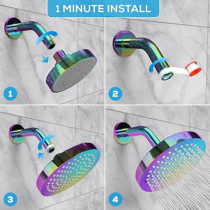 SparkPod Rain Shower Head, 6 Inch Round, Radiant Rainbow Finish | High Pressure Shower Heads, 90 Nozzles, Adjustable Showerhead, No Tools Needed, Universal Connection