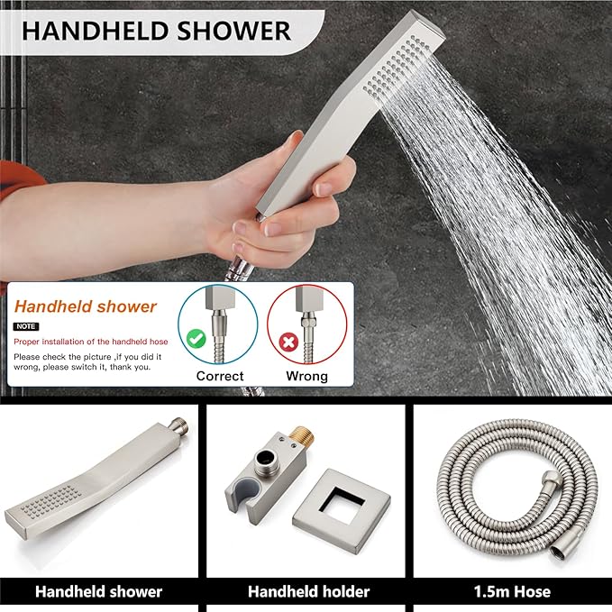 Midanya Shower Faucet Set,Wall Mount Shower System with Square Rain Shower Head and Hand Sprayer, Rough-in Valve Body and Trim Kit Included,8 Inch,Brushed Nickel