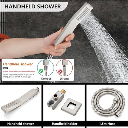 Midanya Shower Faucet Set,Wall Mount Shower System with Square Rain Shower Head and Hand Sprayer, Rough-in Valve Body and Trim Kit Included,8 Inch,Brushed Nickel