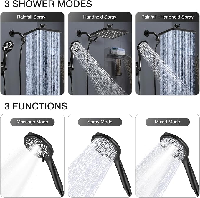 Shower Head with Handheld, Built-in Power Wash Mod High Pressure Rain Showerhead Spray Combo Set, Adjustable 13" Dual Tandem Shower Heads - Matte Black