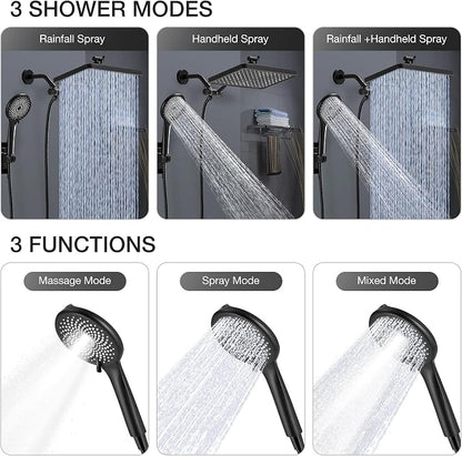 Shower Head with Handheld, Built-in Power Wash Mod High Pressure Rain Showerhead Spray Combo Set, Adjustable 13" Dual Tandem Shower Heads - Matte Black