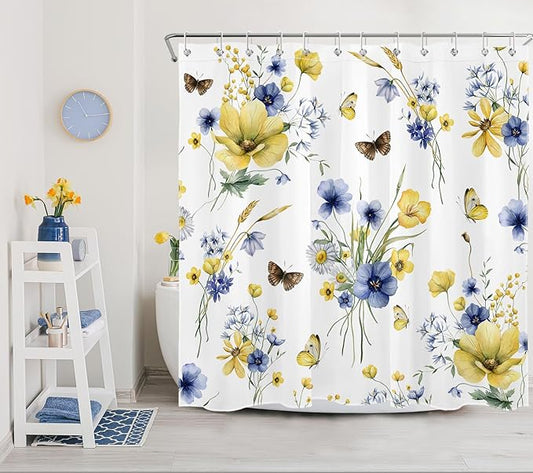 HVEST Farmhouse Floral Shower Curtain with Hooks, Blue and Yellow Flower and Butterfly on White Shower Curtain for Bathroom, Rustic Wildflower Bathroom Curtains Shower Set, 72X78 inch