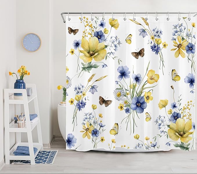 HVEST Farmhouse Floral Shower Curtain and Bathroom Rugs, Blue and Yellow Flower and Butterfly on White Shower Curtain with Bath Mat, 70X70 inches Rustic Wildflower Shower Curtain Set