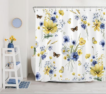 HVEST Farmhouse Floral Shower Curtain and Bathroom Rugs, Blue and Yellow Flower and Butterfly on White Shower Curtain with Bath Mat, 70X70 inches Rustic Wildflower Shower Curtain Set