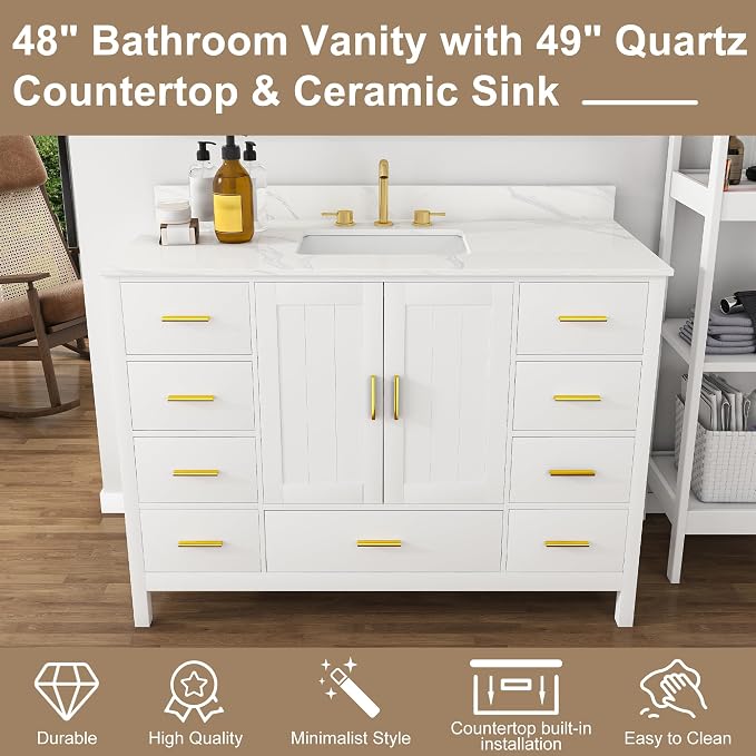 48 Inch Bathroom Vanity with Sink&Countertop,Carrara White Quartz Counter Top with Sink&Backsplash,White Bathroom Cabinet Set with 2 Doors and 9 Drawer(Three Holes)