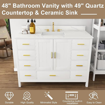 48 Inch Bathroom Vanity with Sink&Countertop,Carrara White Quartz Counter Top with Sink&Backsplash,White Bathroom Cabinet Set with 2 Doors and 9 Drawer(Three Holes)