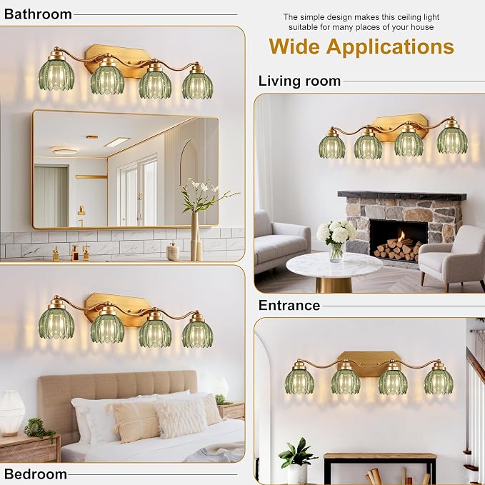 Gold Vanity Light, Vintage Tulip Green Glass Shade, Antique Brass Finish | 4 Light Brushed Gold Bathroom Light Fixtures, Crystal Wall Sconce, Mounted Over Mirror for Bedroom Hallway, Easy to Install