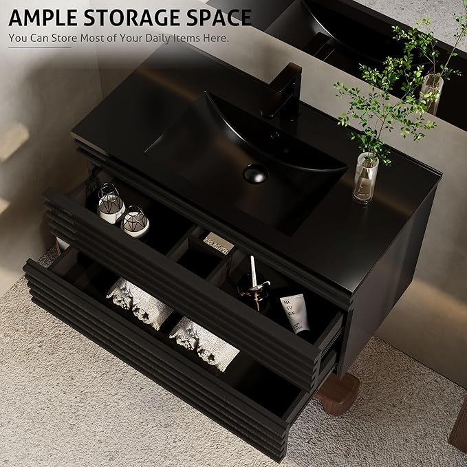 eclife 36" Floating Bathroom Vanity with Sink Combo, Mid-Century Wall Mounted Cabinet with Wood Stripes Decor, Drawers, Undermount Single Black Sink, Faucet, Drain, Black