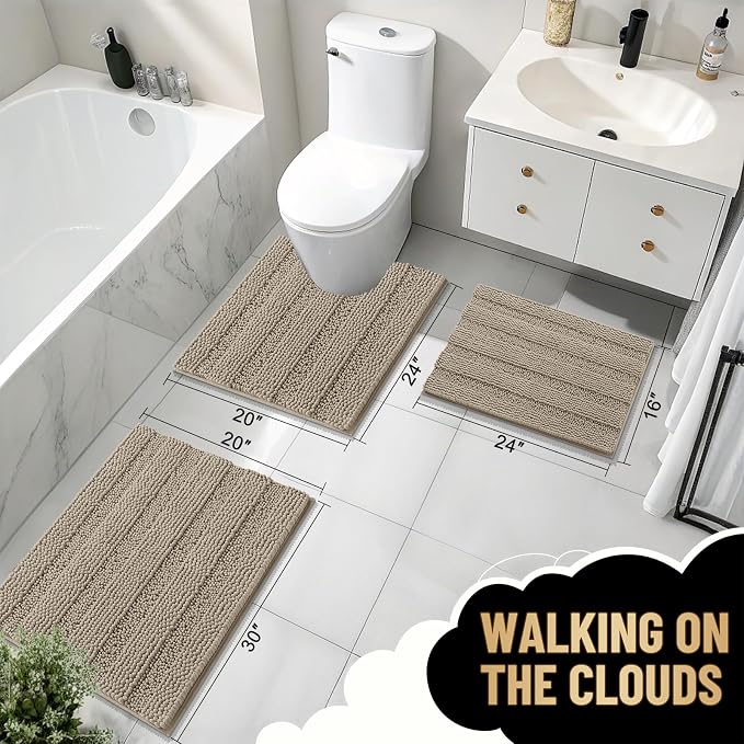OLANLY Thick Small Bathroom Rugs 24x16, Soft Chenille Bath Rugs, Warm Taupe | Rubber Backing, Machine Wash, Extra Absorbent Striped Bath Mats for Bathroom Floor, Tub and Shower, Home Decor Accessories