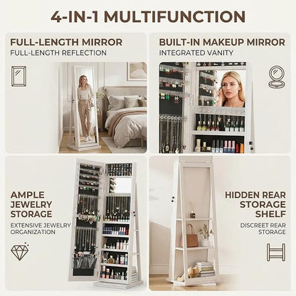 360° Swivel Jewelry Armoire with Full-Length Mirror, Lockable Standing Jewelry Organizer Cabinet with Interior Mirror & Rear Storage Shelves, 65" Floor Mirror Jewelry Storage (White)