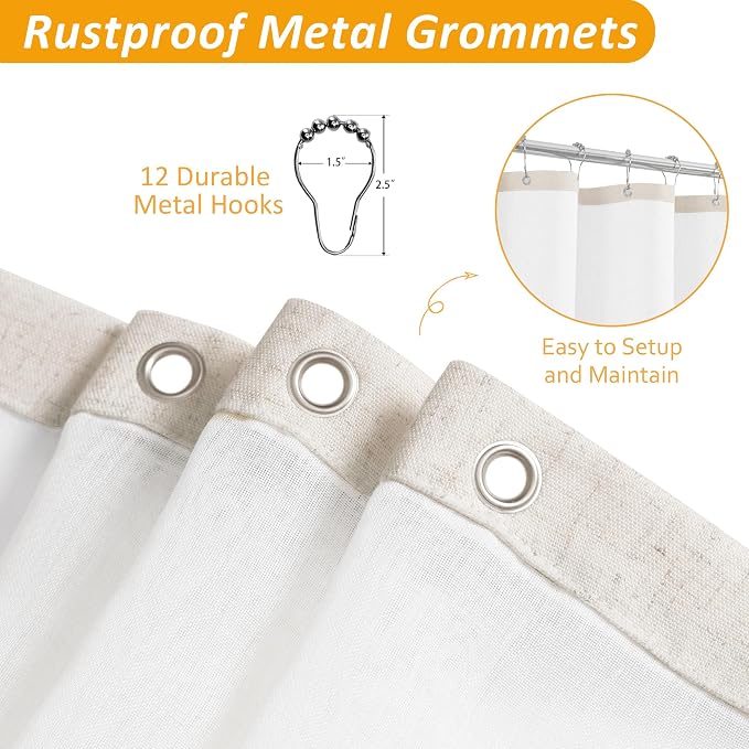 Linen Shower Curtain 72 Inches for Bathroom Beige Double Layer | Natural Ivory Cream, Curtains with Hook, Snap in Liner, Water Repellent, Bath Decor, 1 Panel, 72x72
