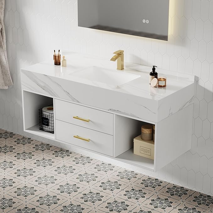 KunMai 35.4" White Floating Bathroom Vanity with Sink – Modern Wall Mounted Bathroom Cabinet with Sintered Stone Countertop, Soft-Close Drawers, Space-Saving Vanity for Small Bathrooms