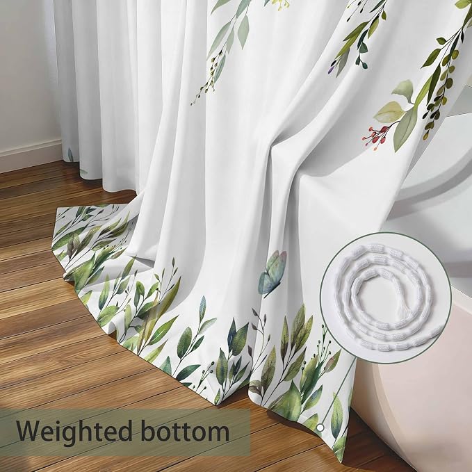 Green Floral Eucalyptus Shower Curtain with Hooks, 72x78 Inch | Waterproof Fabric, Watercolor Leaves and Floral, Botanical Style, Machine Washable, Quick-Drying, for Hotel Bathroom