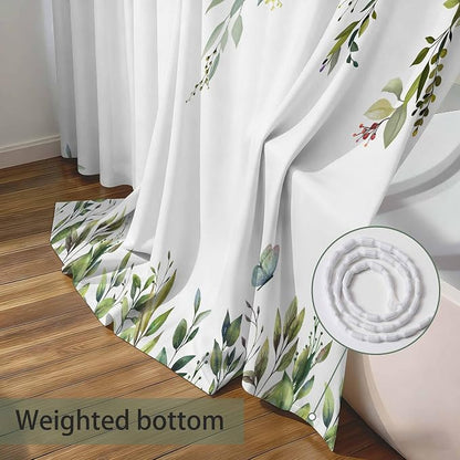 Green Floral Eucalyptus Shower Curtain with Hooks, 72x78 Inch | Waterproof Fabric, Watercolor Leaves and Floral, Botanical Style, Machine Washable, Quick-Drying, for Hotel Bathroom