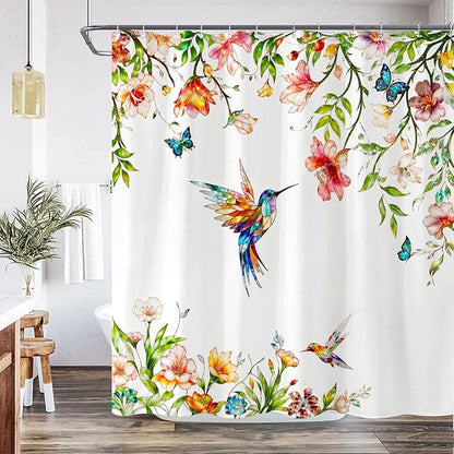 Fowocu Floral Bird Bathroom Shower Curtain Colorful Stained Glass Flower Hummingbird Butterfly Shower Curtains Watercolor Plant Leaf Waterproof Fabric Bath Curtain Decor 72x72 inch
