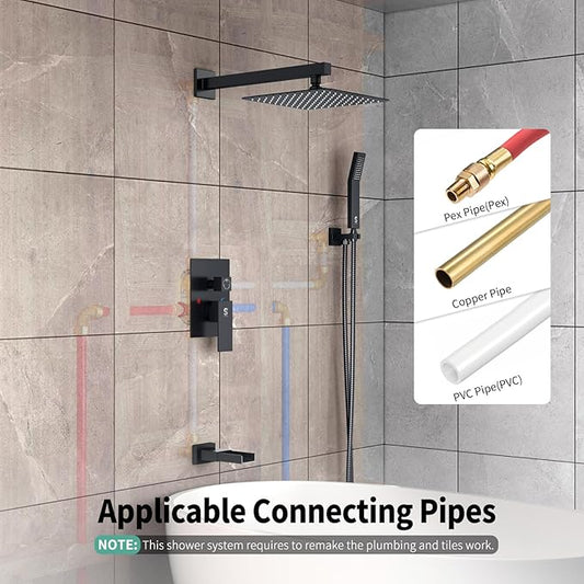 SR SUN RISE 10 Inches All Metal Bathtub Faucet Set Shower System with Tub Spout Square Rain Shower Head and Handheld Combo Shower Fixtures, Modern Valve and Trim Kit, Matte Black