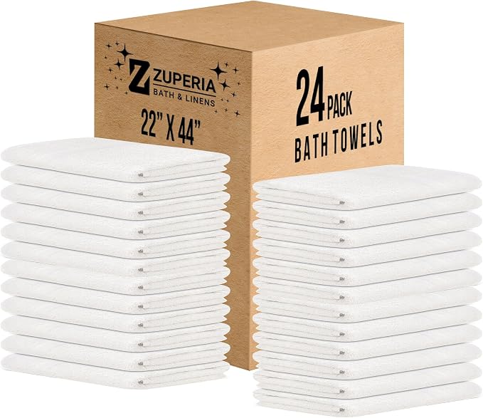 ZUPERIA White Bath Towels Bulk 24 Pack (22 x 44 Inches) - 100% Cotton Economy Light Weight Towels for Commercial Use - Quick Dry, Ultra-Soft, and Absorbent Bulk Towels
