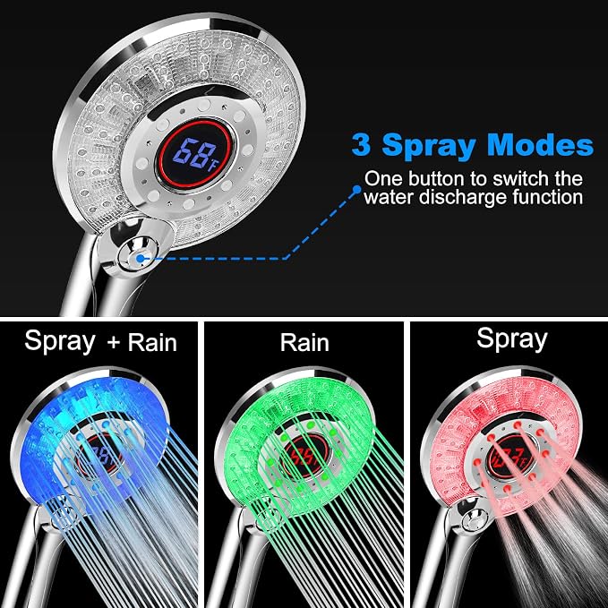 LED Shower Head Color Changing, Shower Head High Pressure with Hose | Water Saving Spray Showerheads, Discoloration Warning, Water Temperature Display, 3 Spray Modes, Easy to Install, ‎Chrome
