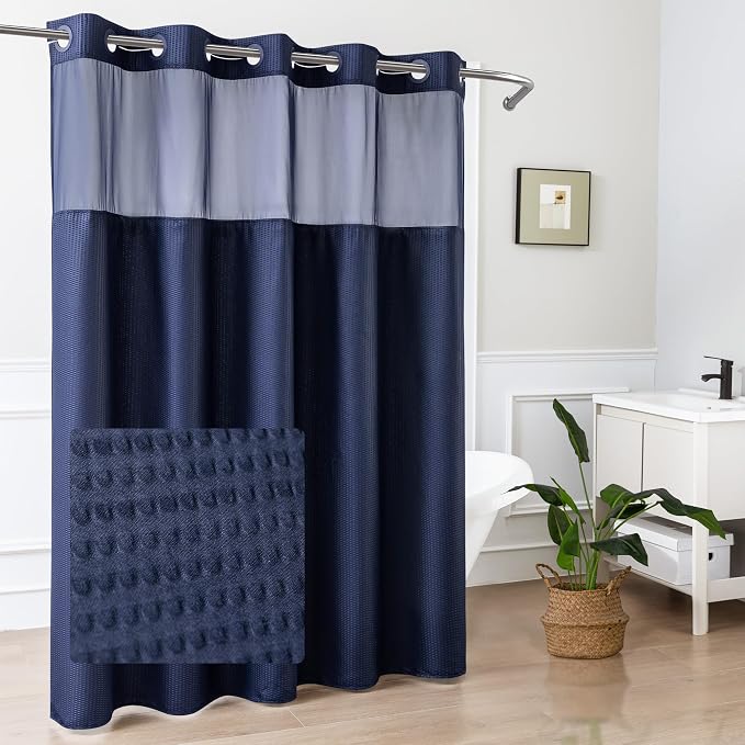 No Hook Navy Shower Curtain with Snap-in Fabric Liner 71x74 | Embossed Waffle-Look Textured, Sheer Window, Soft & Lightweight, Water Repellent Blue Fabric Shower Curtain for Bathroom