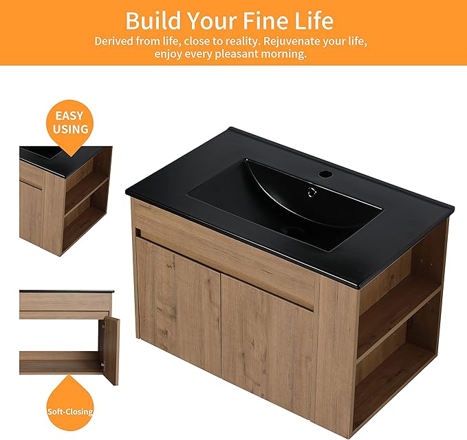 30 Inch Bathroom Vanity with White Sink Combo, Wall-Mounted Bathroom Vanity 2 Door&Adjustable Shelf,Modern Floating Bathroom Cabinet with Black Top Basin & Storage Cabinet,Brown