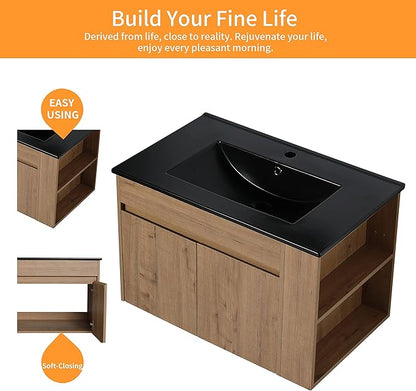 30 Inch Bathroom Vanity with White Sink Combo, Wall-Mounted Bathroom Vanity 2 Door&Adjustable Shelf,Modern Floating Bathroom Cabinet with Black Top Basin & Storage Cabinet,Brown