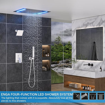 ENGA Dual Rain Shower Head System, 2 In 1 Functions Ceiling Mount 14x20inch LED Shower Head with 6 Inch Shower Head, Rainfall Waterfall Shower Faucet Set, Brushed Nickel