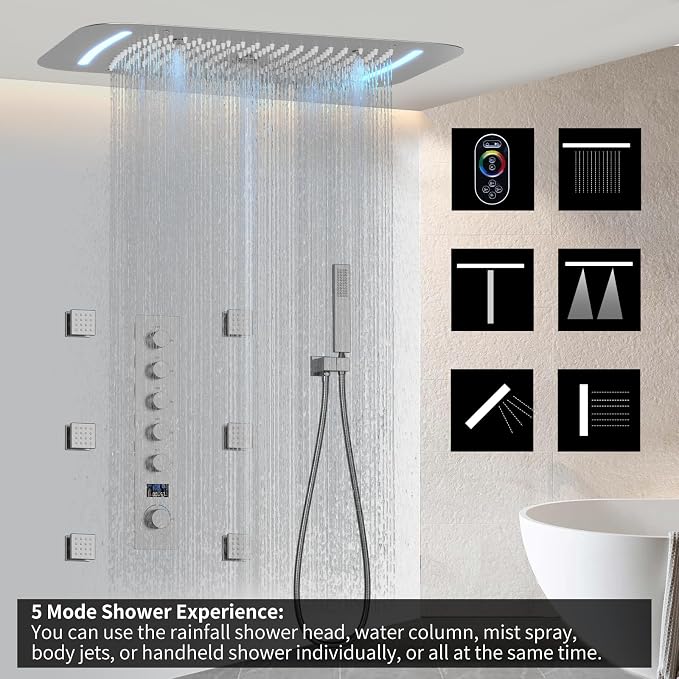 3 Functions Shower Head System Brushed Nickel Shower Faucet Set | 16X26 inch Ceiling Shower, 6 Body Jet, Handheld Shower, Temperature Display, 5 Functions Can All Run Together