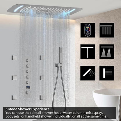 3 Functions Shower Head System Brushed Nickel Shower Faucet Set | 16X26 inch Ceiling Shower, 6 Body Jet, Handheld Shower, Temperature Display, 5 Functions Can All Run Together