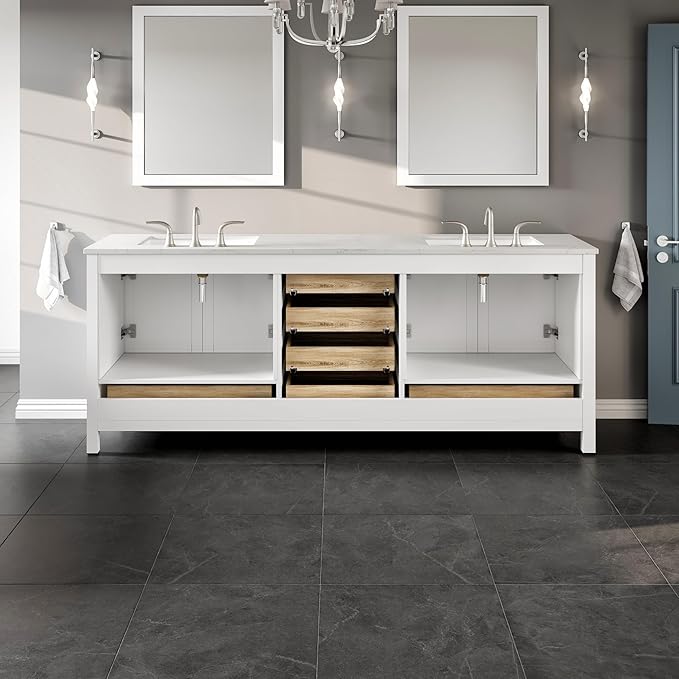 Eviva Aberdeen 84 in. White Double Sink Bath Vanity with Carrara Quartz Top and Undermount Porcelain Sinks