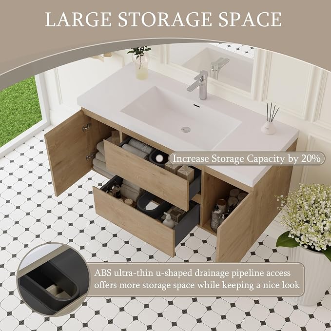 48 Inch Floating Bathroom Vanity with Sink, Large Storage Wall Mounted Floating Vanity with Soft Close Drawers, One-Piece Basin Bathroom Sink Cabinet (Natural Oak, 48")