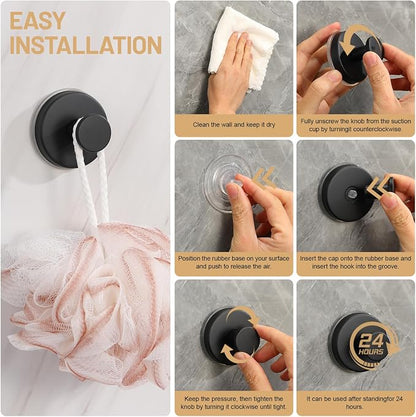Large Suction Cup Hooks, Heavy Duty 15lb Holds Towel & Robe, No-Drill Shower Bathroom Hooks for Tile Wall Glass Mirror, Mounts on Smooth Non-Porous Surfaces (2 Pack, Matte Black)