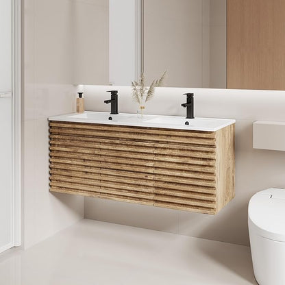 LUCKWIND 48" Floating Bathroom Vanity with Sink, Mid-Century Wall Mounted Big Drawer Cabinet with Sink, Water Saving Faucet and Wood Stripes Style, Oak