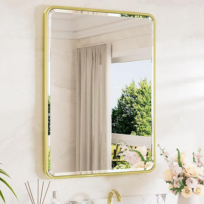 Brushed Gold Framed Vanity Mirror 24 x 32 Beveled Edge Tempered Glass, Rounded Corner Rectangle Bathroom Mirror for Over Sink for Modern Bathroom, Living Room, Bedroom, Entryway