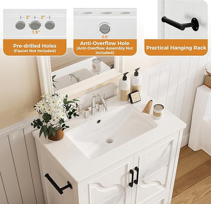 IRONCK 30" Bathroom Vanity with Ceramic Basin,Modern Under Sink Cabinet with 2 Soft Closing Doors and 1 Drawer, Free Standing Bathroom Storage Cabinet with Sink Combo Set,NO Faucet Accessories, White
