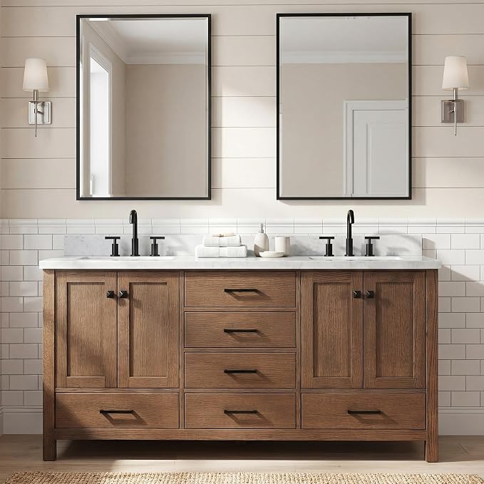 Beckford 66-Inch Brown Oak Double Bathroom Vanity with Sink, 1.5-Inch Edge Italian Carrara Marble Countertop & 4" Backsplash, Soft-Closing Doors & Drawers, Solid Oak Wood Construction