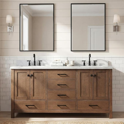 Beckford 66-Inch Brown Oak Double Bathroom Vanity with Sink, 1.5-Inch Edge Italian Carrara Marble Countertop & 4" Backsplash, Soft-Closing Doors & Drawers, Solid Oak Wood Construction