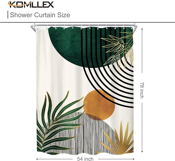 KOMLLEX Mid Century Green Boho Abstract Modern Bathroom Shower Curtain Set | 54Wx78L Plant Botanical design, waterproof HD print with fast-drying fabric and 12 hooks.