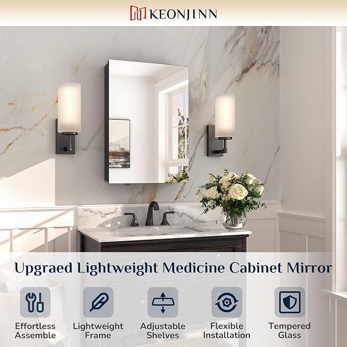 Keonjinn 16"x24" Black Bathroom Medicine Cabinet Mirror, HD Tempered Glass | Assembly Needed, Soft Close with DTC Hinges, Recessed or Wall Mount, Freely Adjustable Shelves, Lightweight Aluminum Frame