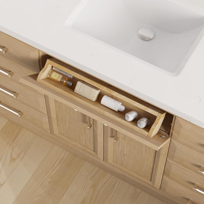 Capri III 60" Single Sink Bathroom Vanity With Stealth Organizer, Solid Wood Bathroom Cabinet with Engineered Stone Countertop & Backspalsh, Soft Closing Door & Drawer, Pre-Assembled, Weathered Oak