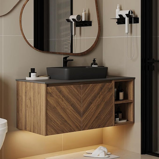 36 Inch Floating Vanity Bathroom with Single Sink, Wall-Mounted Floating Bathroom Cabinet with Sintered Stone Countertop & Black Ceramic Basin, Ample Storage and Open Shelves, Dark Wood