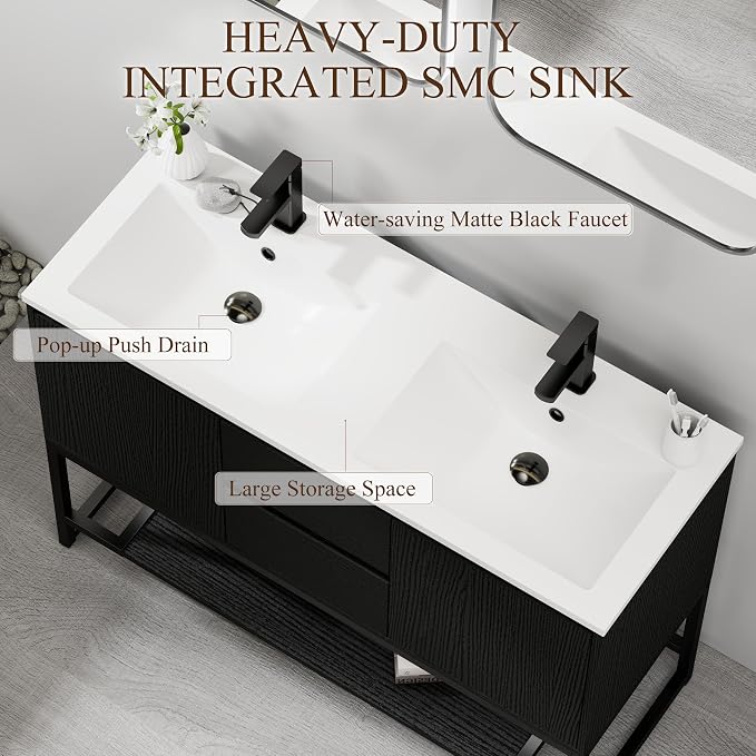 LUCKWIND 48" Modern Bathroom Vanity with Dual White Sink Combo, Freestanding Storage Cabinet with Metal Frame, Matte Black Faucet and Open Shelf and 2 Soft-Closing Door, Black