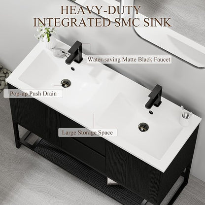 LUCKWIND 48" Modern Bathroom Vanity with Dual White Sink Combo, Freestanding Storage Cabinet with Metal Frame, Matte Black Faucet and Open Shelf and 2 Soft-Closing Door, Black