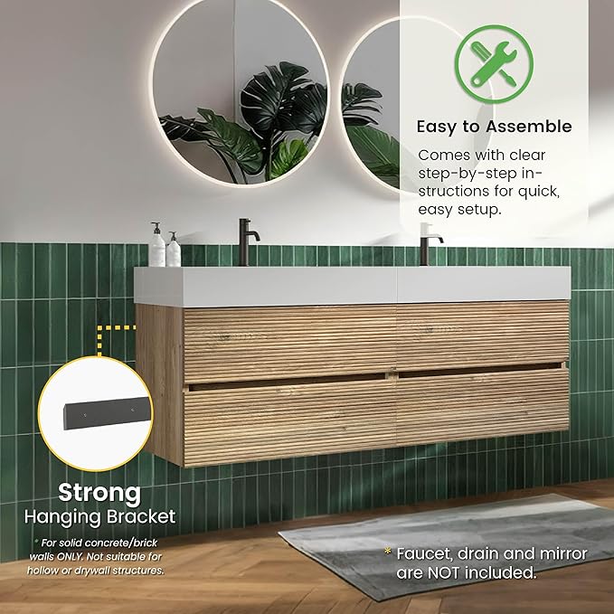 60" Floating Bathroom Vanity with Sink Combo, Modern Floating Double Sink Bathroom Vanity with Engineered Stone Tops & 4 Soft-Closing Drawers, Large Storage for Powder Room, Apartment, Rough Oak