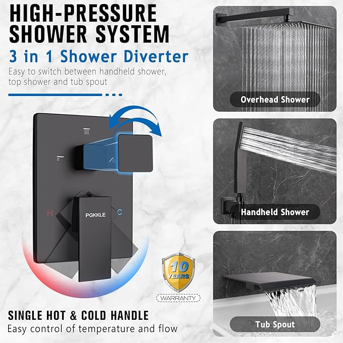 10 Inch Rainfall Shower System with Tub Spout Wall Mounted Complete Combo with Solid Brass Pressure Balancing Valve, High Pressure Shower Head, Handle Set & Installation Accessories Matte Black