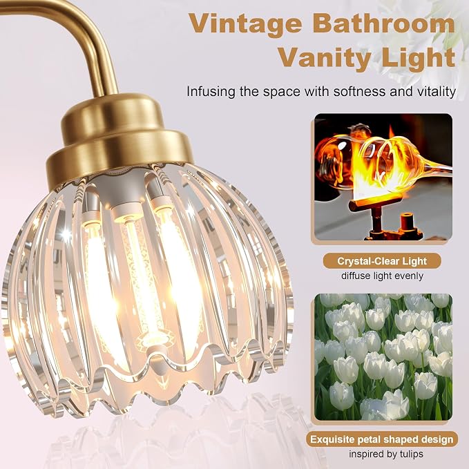 Vintage Bathroom Vanity Light, 3 Light Brushed Gold Fixture Over Mirror | Vintage Vanity Light, Brushed Gold Metal & Crystal Glass Shade, 3 Light Fixture Over Mirror for Bathroom Bedroom